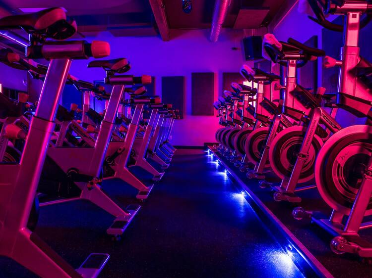 Two rows of bikes face off down a violet-lit studio aisle